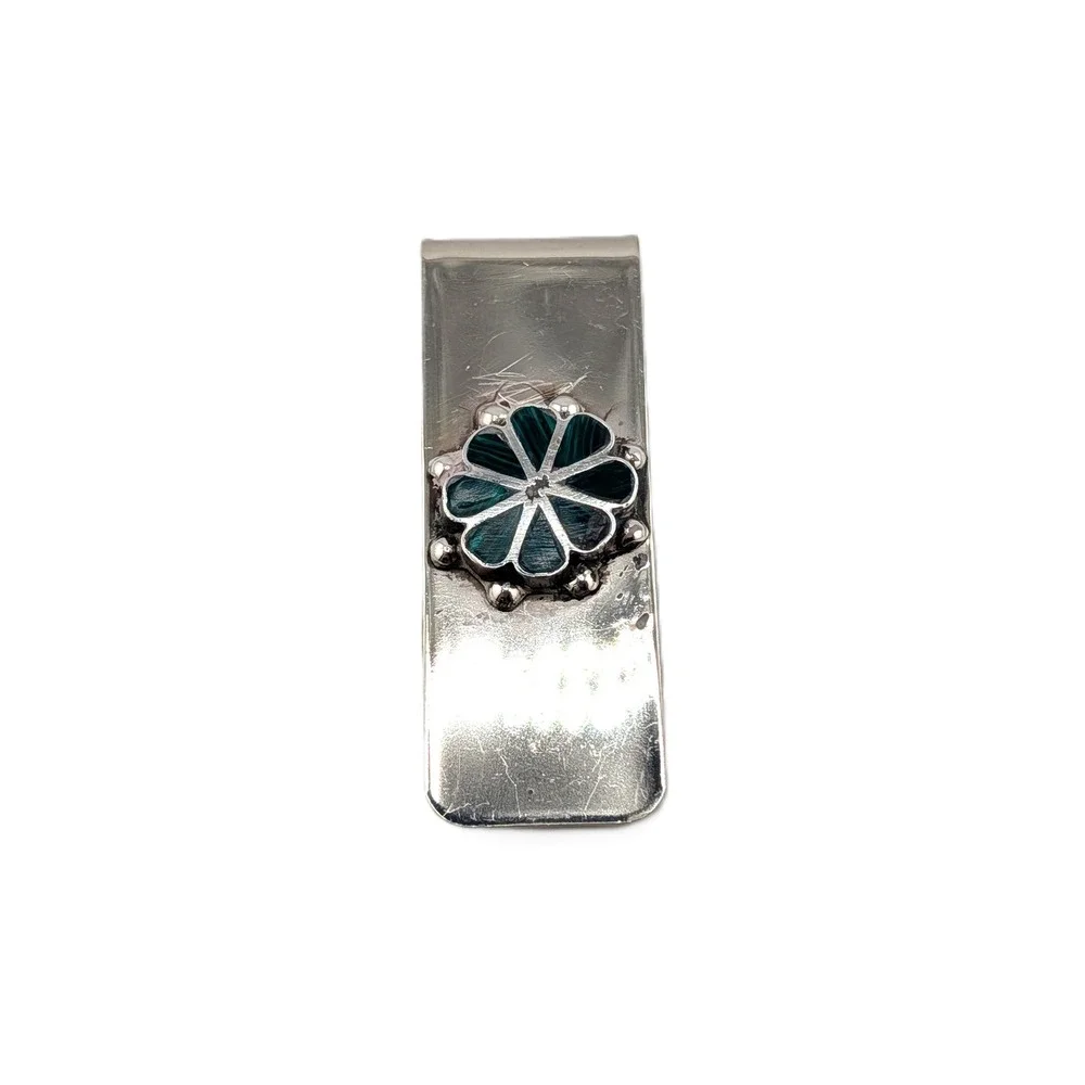 Navajo Sterling Silver Malachite Inlay Money Clip Men's Handmade Accessories **